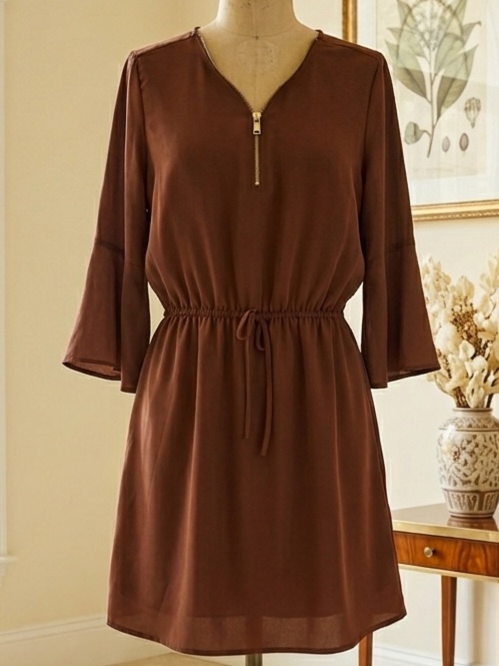 Stella Tweed| Chocolate Brown Zip-Front Tie-Waist Lightweight Mini-Dress Sz L